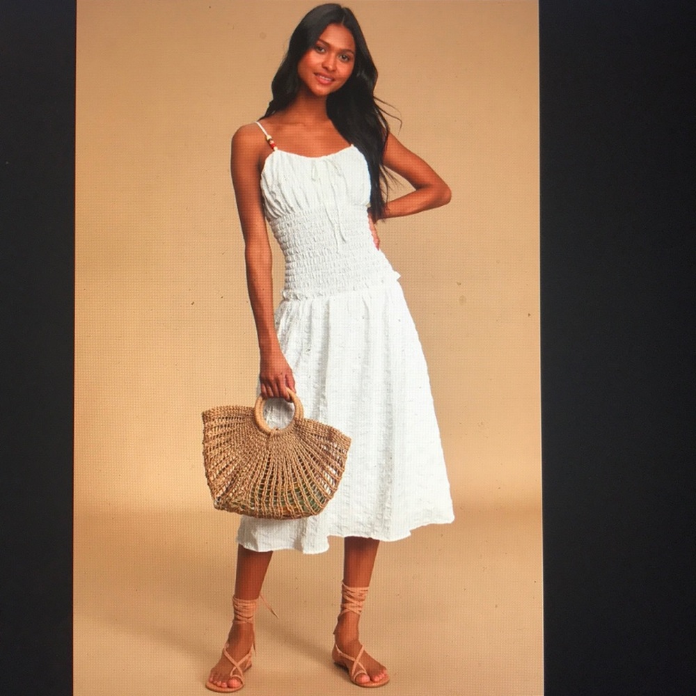 Sarait White Beaded Smocked Midi Dress. NWT